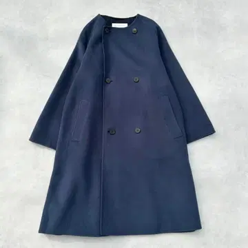 갤러리 바이 울 더블 페이스 더블 브레스트 노카라 코트 네이비