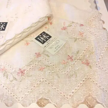 WAKO 자수 꽃무늬 린넨 손수건 미사용 새상품 2개 세트