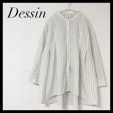 [미사용에 가까움] 데셍 긴팔 셔츠 노카라 스트라이프 패턴 화이트 M