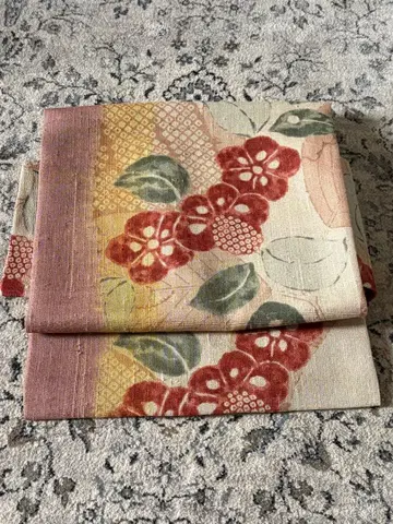 나고야 오비 빨간색과 그린 꽃무늬