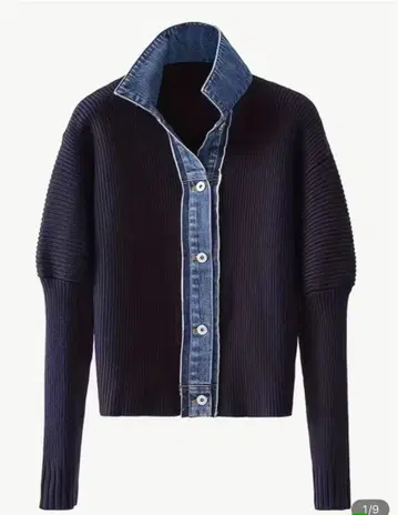 네이비 리브 데님 옷깃 긴팔 스웨터