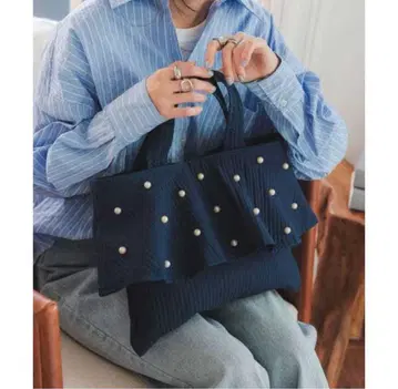 프릴 디자인 누비백 네이비 프릴 펄 레슨백 고베 레터스