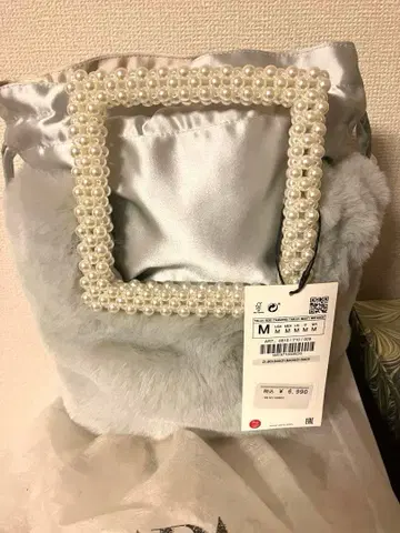 ZARA 그레이 퍼 백 M 사이즈 펄 핸들