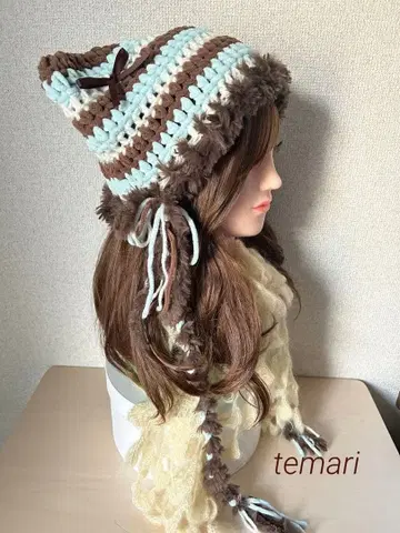 고양이 귀 니트 모자 고양이 귀 리본 손뜨개질 핸드메이드 y2k 한국