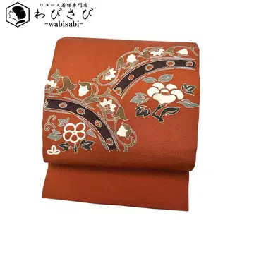 나고야 오비 동백꽃 꽃+덩굴 패턴 자수 크레이프 원단 적갈색 O-4279