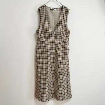 index 체크 원피스 M 베이지 깊은 V 오버롤 스커트