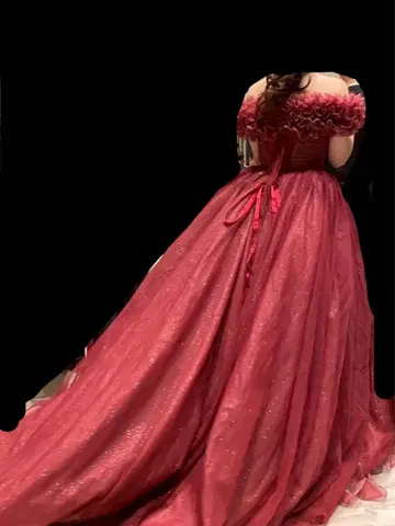 버건디 오프숄더 드레스