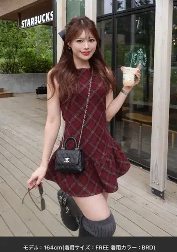 슬리브리스 미니 원피스 버건디 체크