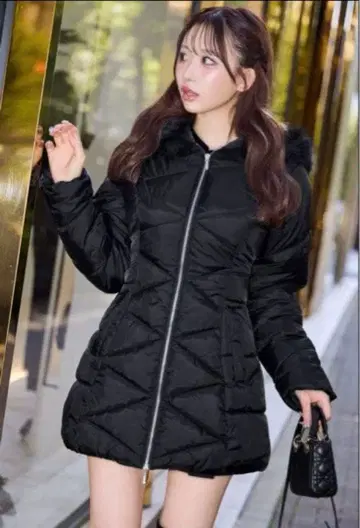 cherimi 후드 파이버 다운 롱 코트 M 블랙