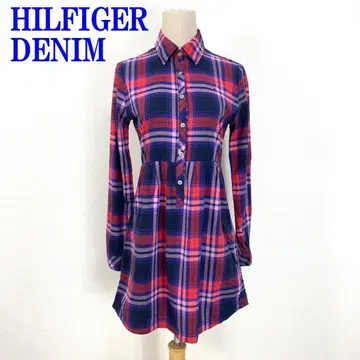 힐피거 데님 셔츠 원피스 체크 면 빨간색 네이비 S C1506