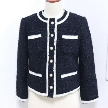 CELFORD 트위드 펄 버튼 노카라 자켓 38