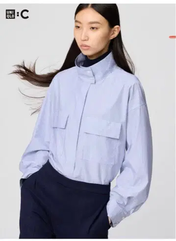 유니클로 코튼 스탠드 카라 셔츠 자켓 스트라이프 블루 M