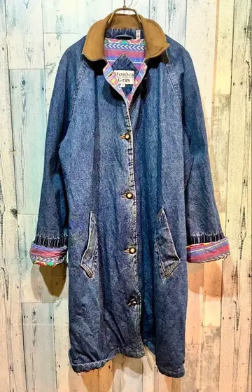 빈티지 가죽 옷깃 패턴 안감 데님 코트 90s