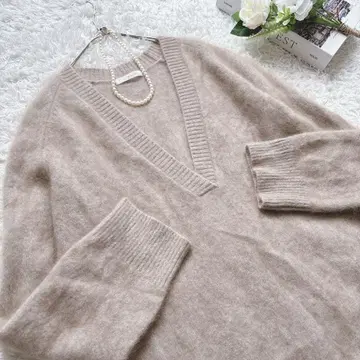 새상품급 Plage 캐시미어 Mix Fur 깊은 V넥 풀오버 카멜 플라주