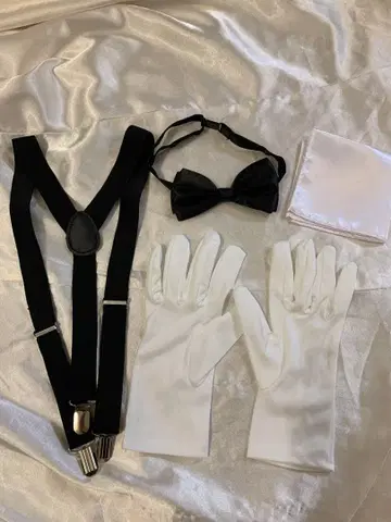 서스펜더 블랙 나비 넥타이 장갑 손수건 신랑 세트