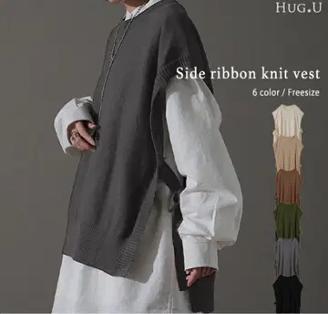 새상품 하그유 사이드 리본 니트 베스트 차콜 프리 사이즈