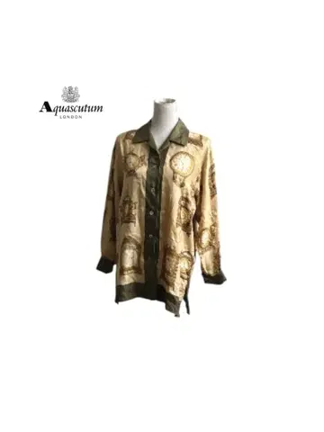 실크 100% 아쿠아 스큐텀 시계 올 패턴 긴팔 카라 부착 셔츠