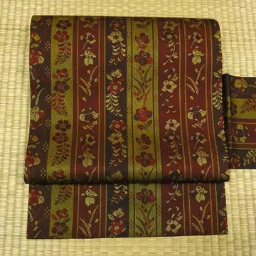 차분한 옐로우 컬러와 홍차색 줄무늬에 풀꽃 나고야 오비