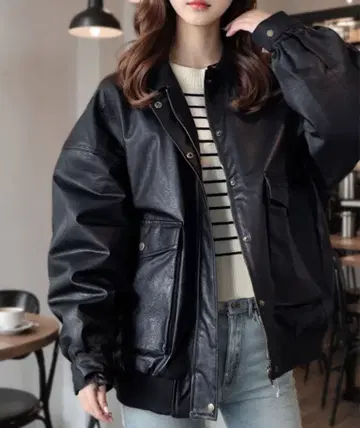 페이크 가죽 빈티지 오버 사이즈 블루종