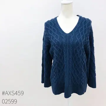 SLOBE IENA 긴팔 니트 아란 무늬 네이비 울 혼방 무지 V넥