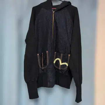 [ 새상품급 ] EVISU 데님과 블랙의 후드 부착 후드티