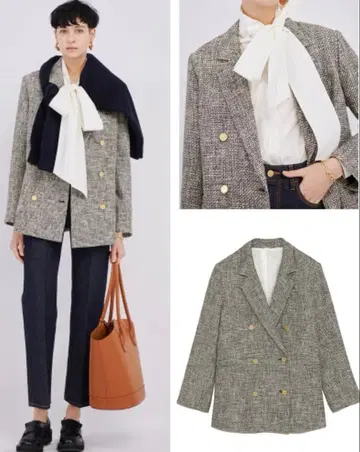 골드 버튼 트위드 더블 블레이저