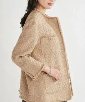 Mila Owen 트위드 노카라 자켓 코트 골드 버튼 베이지 S