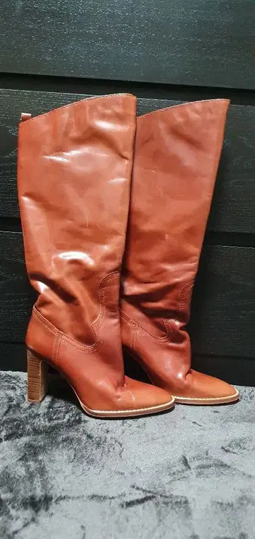 ZARA 브라운 가죽 롱 부츠 중간 힐 천연 가죽