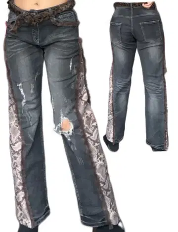 데미지 가공 스네이크 프린트 데님 팬츠