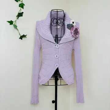 Sutseso 리브 편직 자수 코사지 긴팔 가디건 퍼플