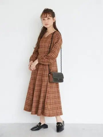 COHINA 체크 무늬 롱 원피스/XS