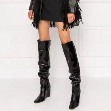 Zara 천연 가죽 니하이 부츠 블랙 웨지힐