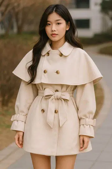 베이지 케이프 코트 더블 브레스트