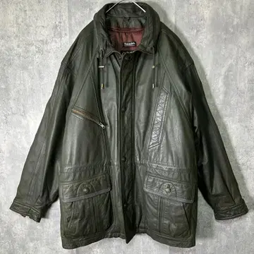 레어 컬러 다크 그린 최고급 가죽 카 코트 충전솜 라이너 빈티지