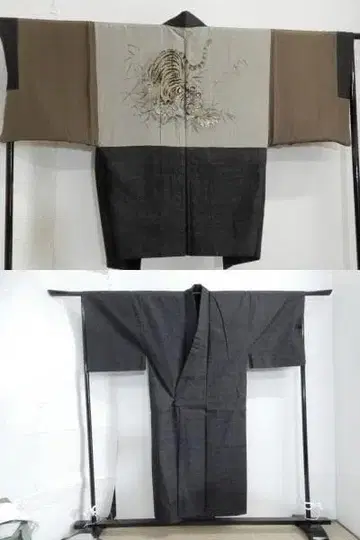 순수 실크 본고장 유키쓰무기 남성용 앙상블 기모노와 겉옷 호랑이 모쿠유키