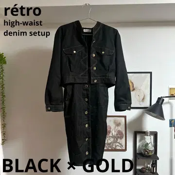 자켓 x 서스펜더 스커트, 광택 데님 셋업, 쇼와 레트로
