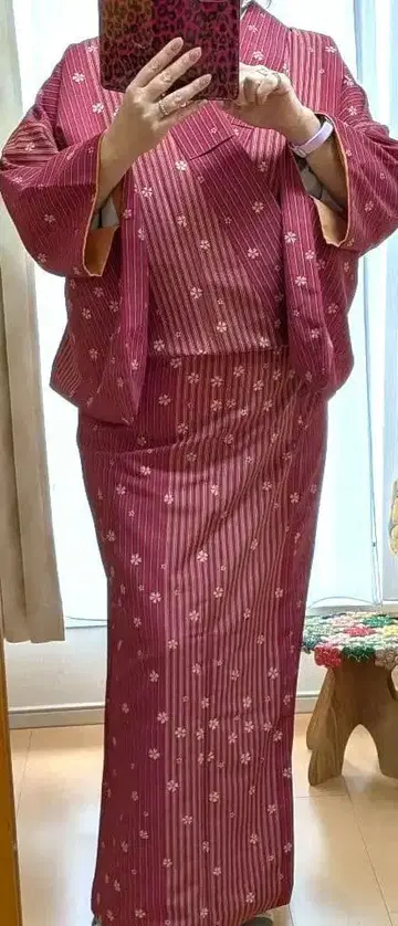 적자색 스트라이프 꽃무늬 코몬 이중 기모노 워셔블 기모노