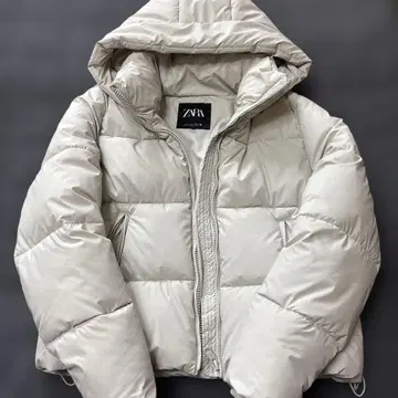 ZARA 후드 부착 베이지 다운 자켓 L