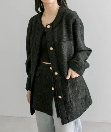 미스틱 노카라 블랙 트위드 자켓