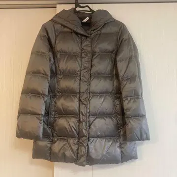 그레이 후드 부착 다운 자켓 미디 기장