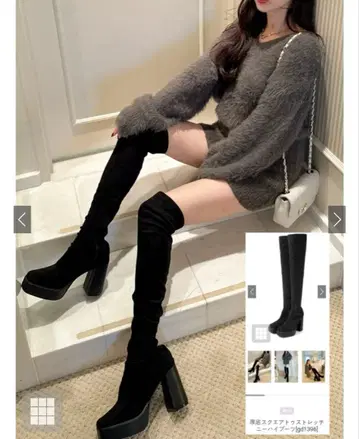 통굽 스퀘어토 스트레치 니하이 부츠[gd1396]