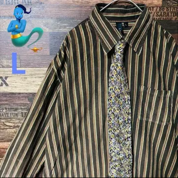 [ 개성파 구제 의류 ] 넥타이 셔츠 브라운 스트라이프 긴팔 셔츠 L