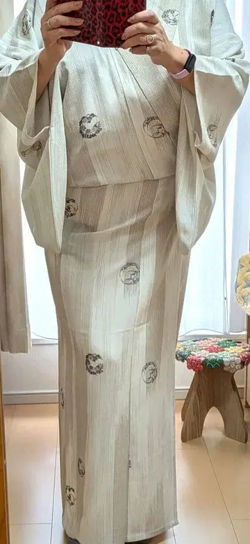 아이보리 스트라이프 꽃 무늬 코몬 단의 기모노 워셔블 기모노