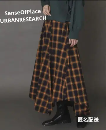 SENSE OF PLACE 체크 불규칙 헤짐 플레어 스커트 오렌지 네이비