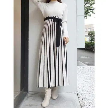 MERCURYDUO 배색 체인지 리브 니트 롱 슬리브 니트 원피스