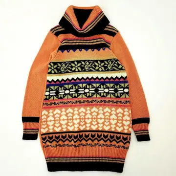 노르딕 무늬 뜨개질 터틀넥 튜닉 원피스 울 오렌지