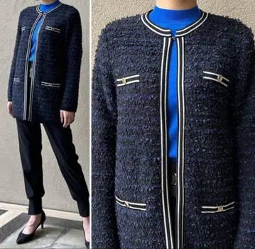 새상품급 23AW 긴자 매기 PLATINE 트위드 니트 크루 롱 자켓