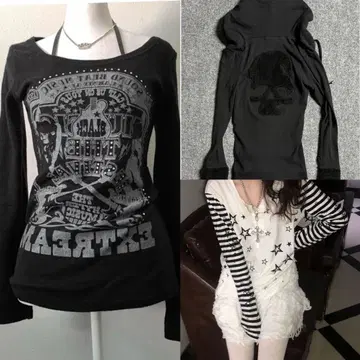 할인 3종 세트 롱티셔츠 긴팔 티셔츠 M 블랙 여성용 별 스컬