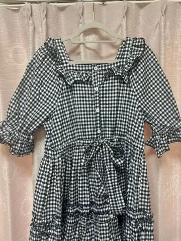 피지컬 드롭 깅엄 원피스 네이비