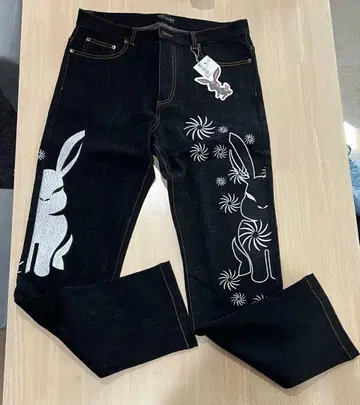 블랙  자수 데님 팬츠